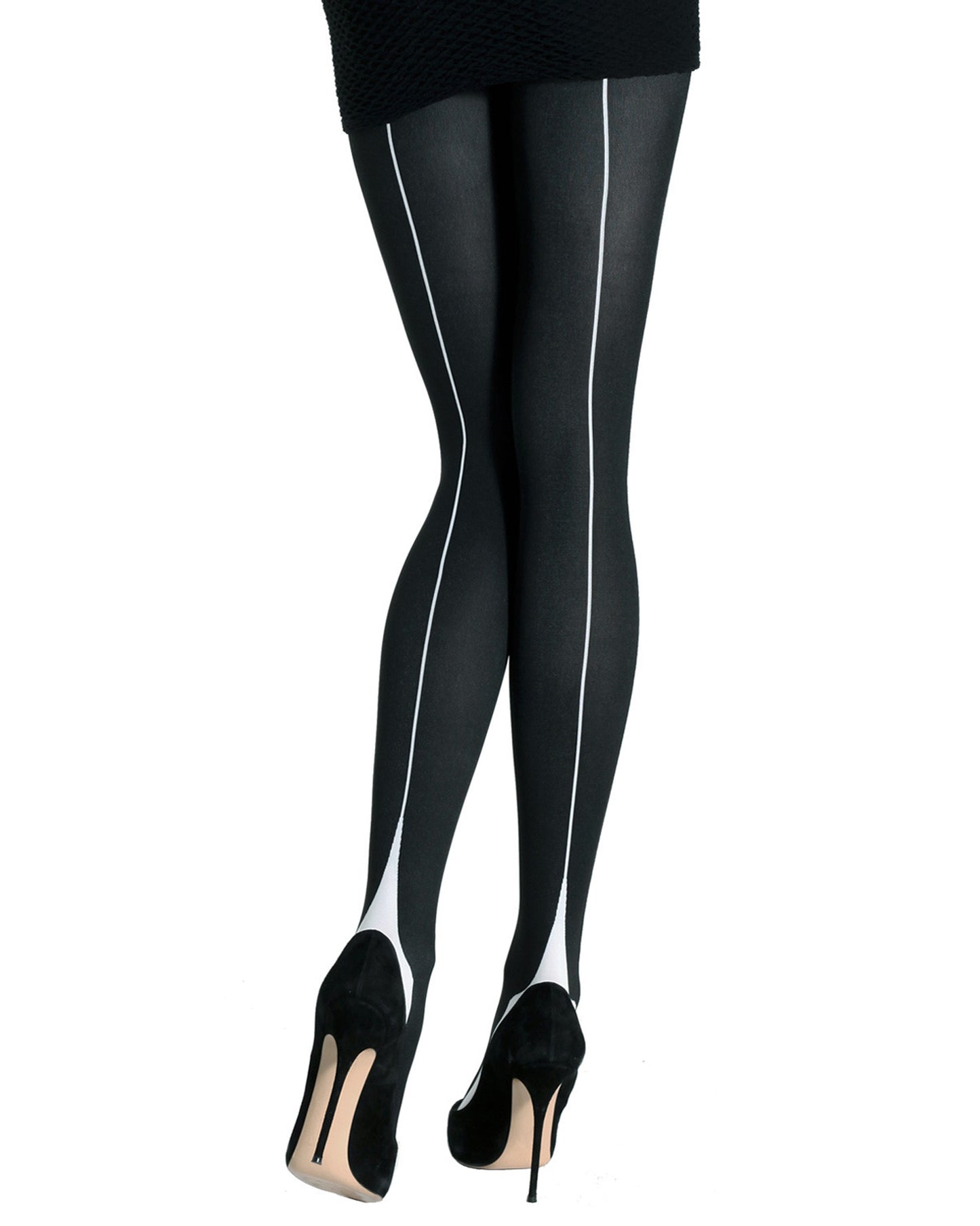 Emilio Cavallini Two Toned Pyramid Tights - black opaque tights with white back-seam, worn with black stilettos and mini skirt.