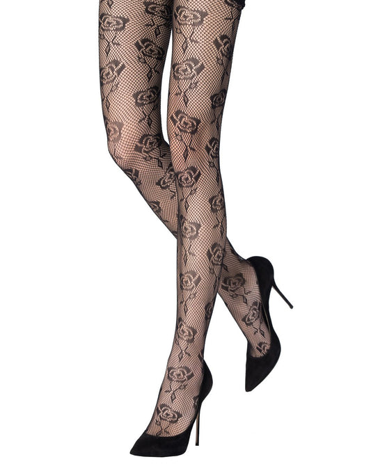 Emilio Cavallini Tiny Roses Tights - Black openwork fishnet tights with an all over roses lace style pattern, seamless body and reinforced micromesh toe.