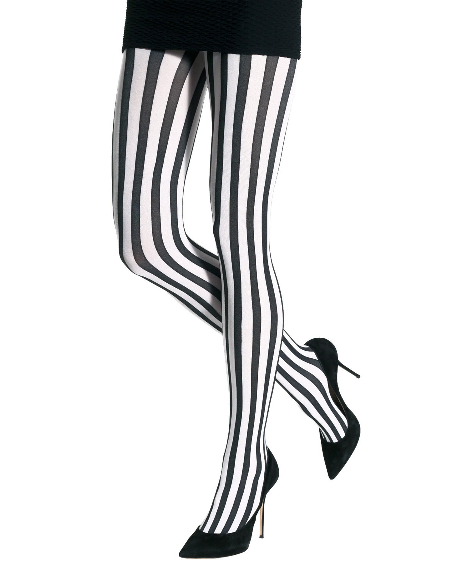 Emilio Cavallini Two Toned Vertical Stripes Tights - black and white striped tights, worn with black mini skirt and black stilettos.