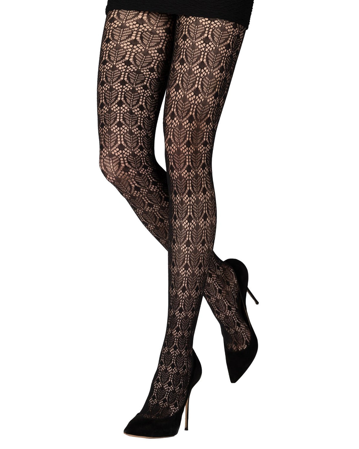 Emilio Cavallini Vintage Leaves Lace Tights - Black openwork crochet lace style fashion tights worn with black mini skirt and high heel stilettos.