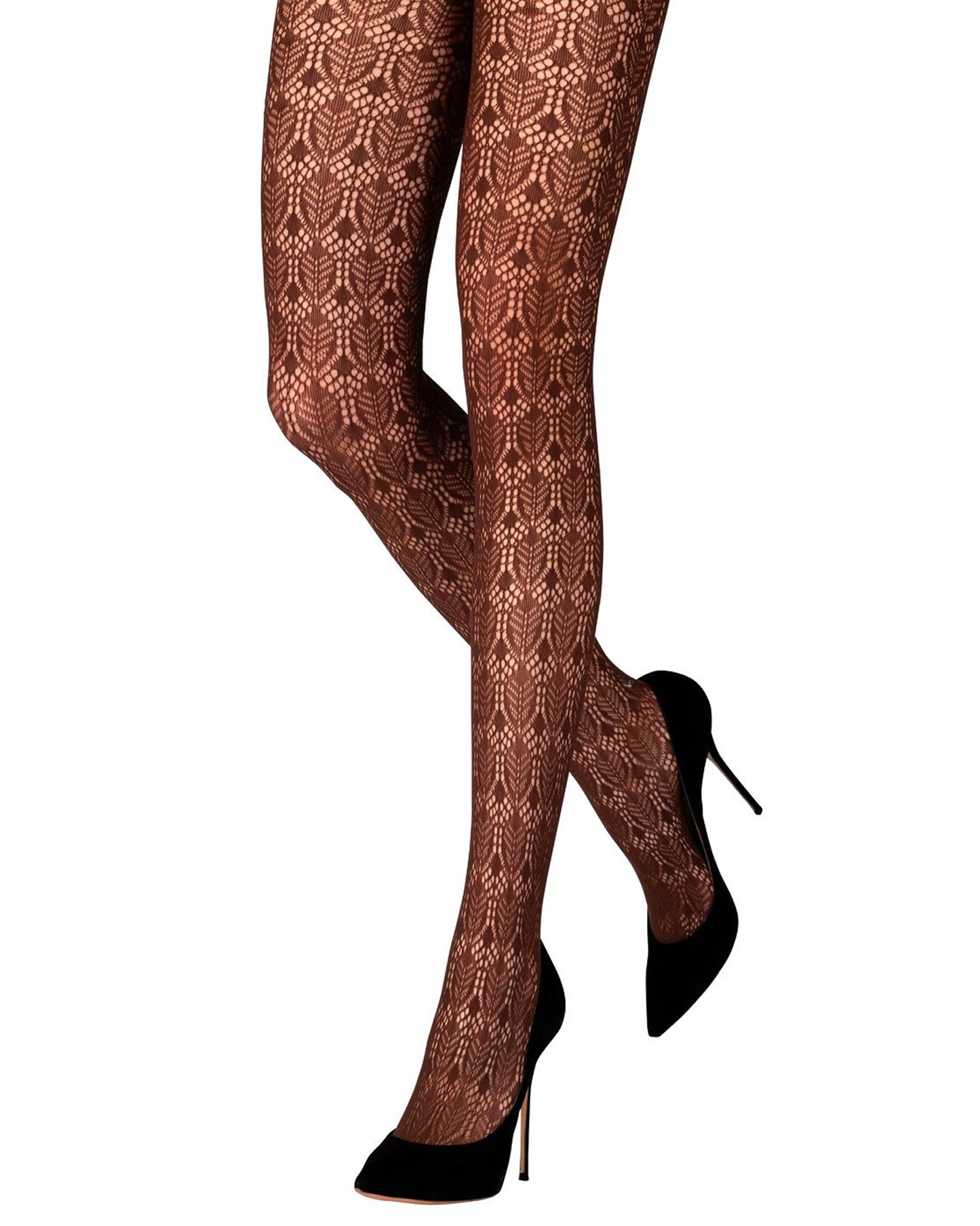 Emilio Cavallini Vintage Leaves Lace Tights - Brown openwork crochet lace style fashion tights worn with black stilettos.