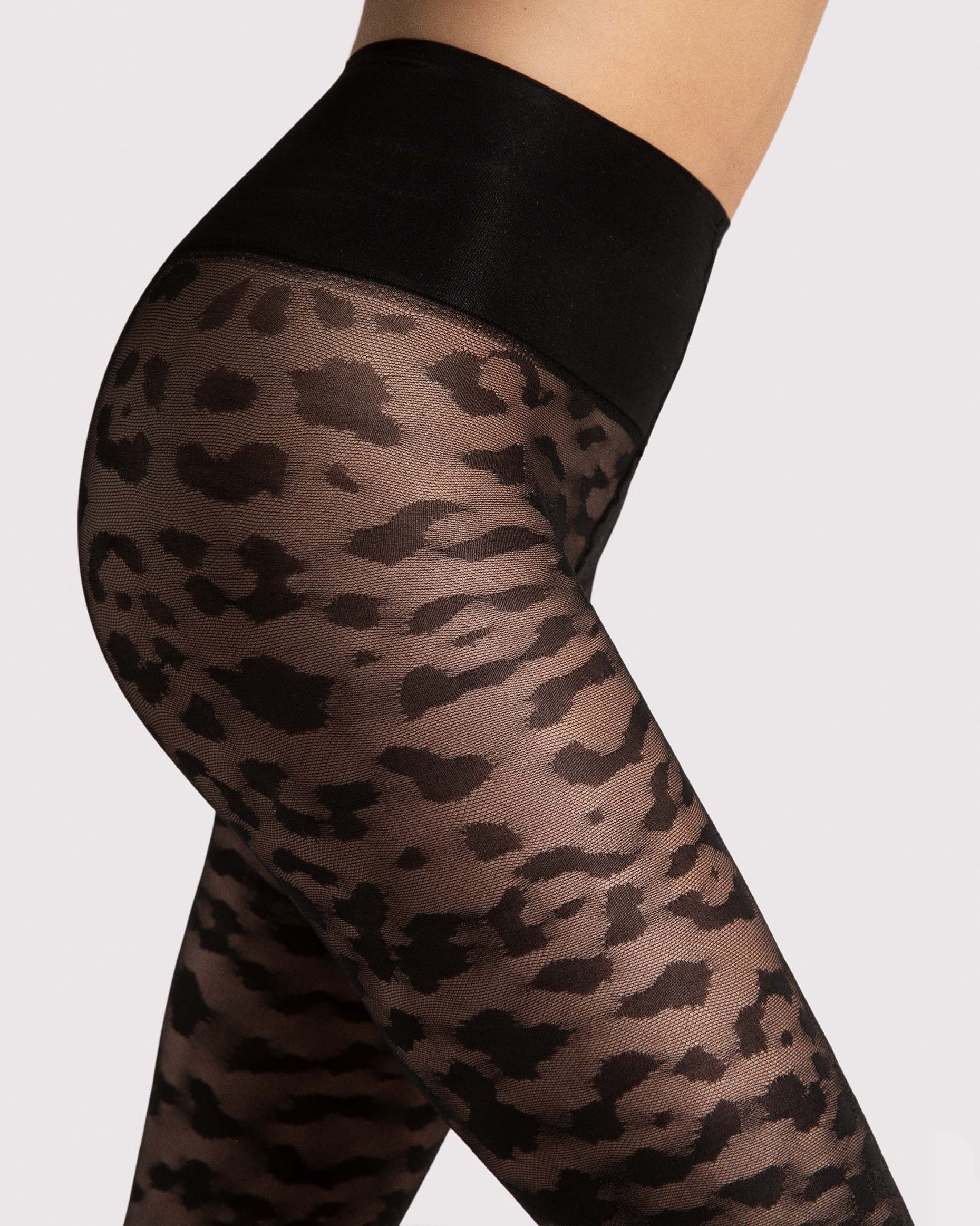Fiore Echo Leopard Tights - Black micro mesh semi-sheer fashion tights with a woven leopard print style pattern with a extra deep slimming waist band. Close up detail.