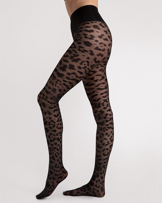 Fiore Echo Leopard Tights - Black micro mesh semi-sheer fashion tights with a woven leopard print style pattern with a extra deep slimming waist band.