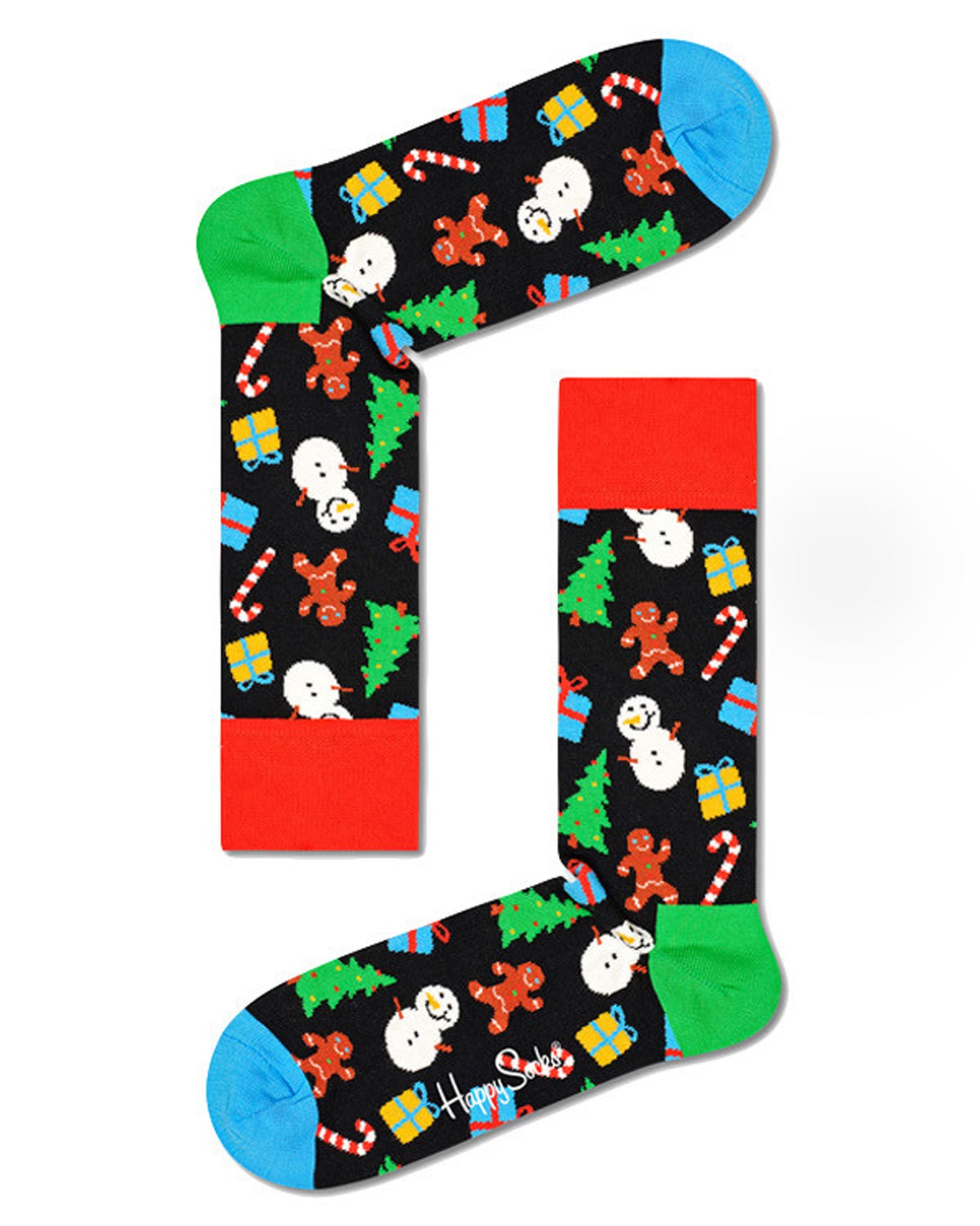 Happy Socks XDBS02-6500 Big Dot Snowman Gift Box - Xmas sock a pattern of ginger bread men, candy canes, snowmen, presents, Xmas trees on a black background with light blue toe, green heel and red cuff.