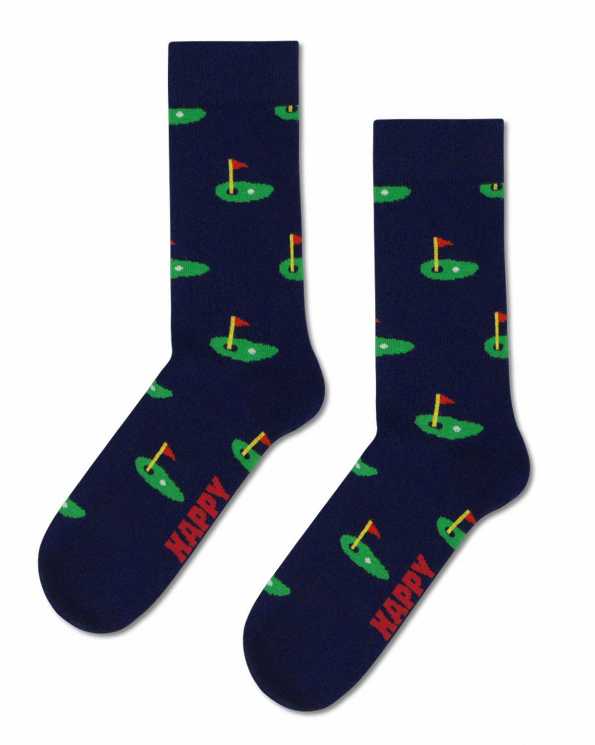 A pair of navy blue crew socks with a repeating pattern of green golf putters and orange flags, featuring the word 'HAPPY' printed in red on the sole of each sock.