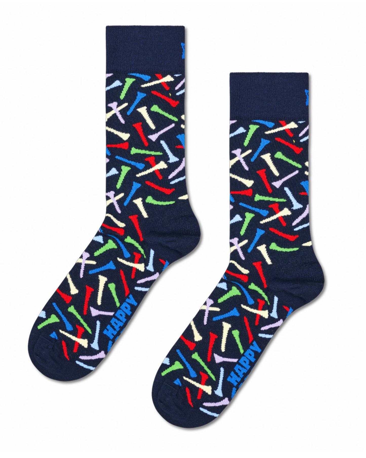 A pair of navy blue crew socks with an all-over multicolor abstract pattern of diagonal lines and the word 'HAPPY' printed in blue along the sole.
