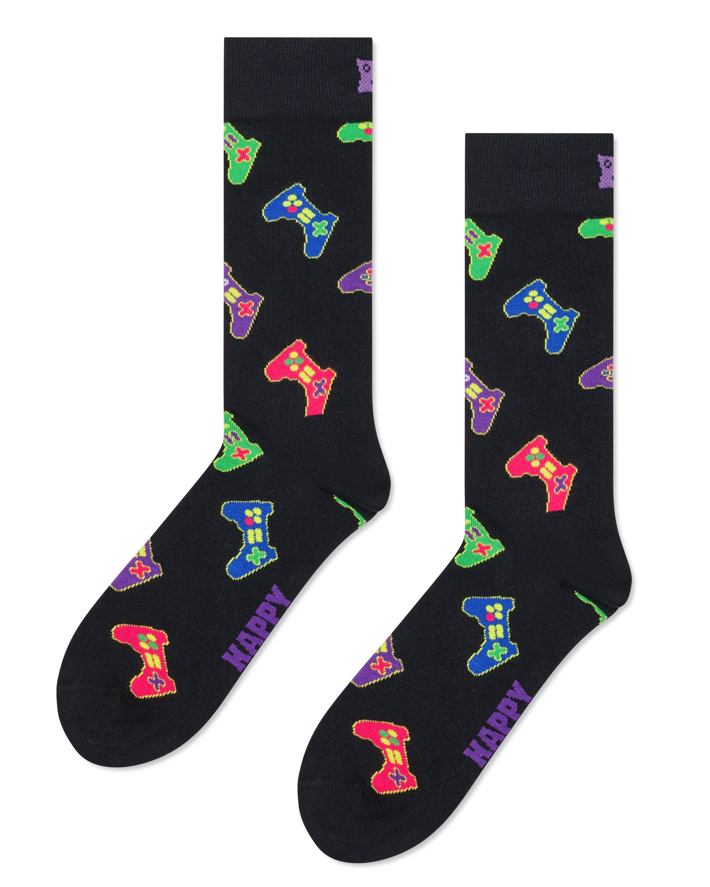 Black socks with colorful game controller and 'Happy' print on a white background