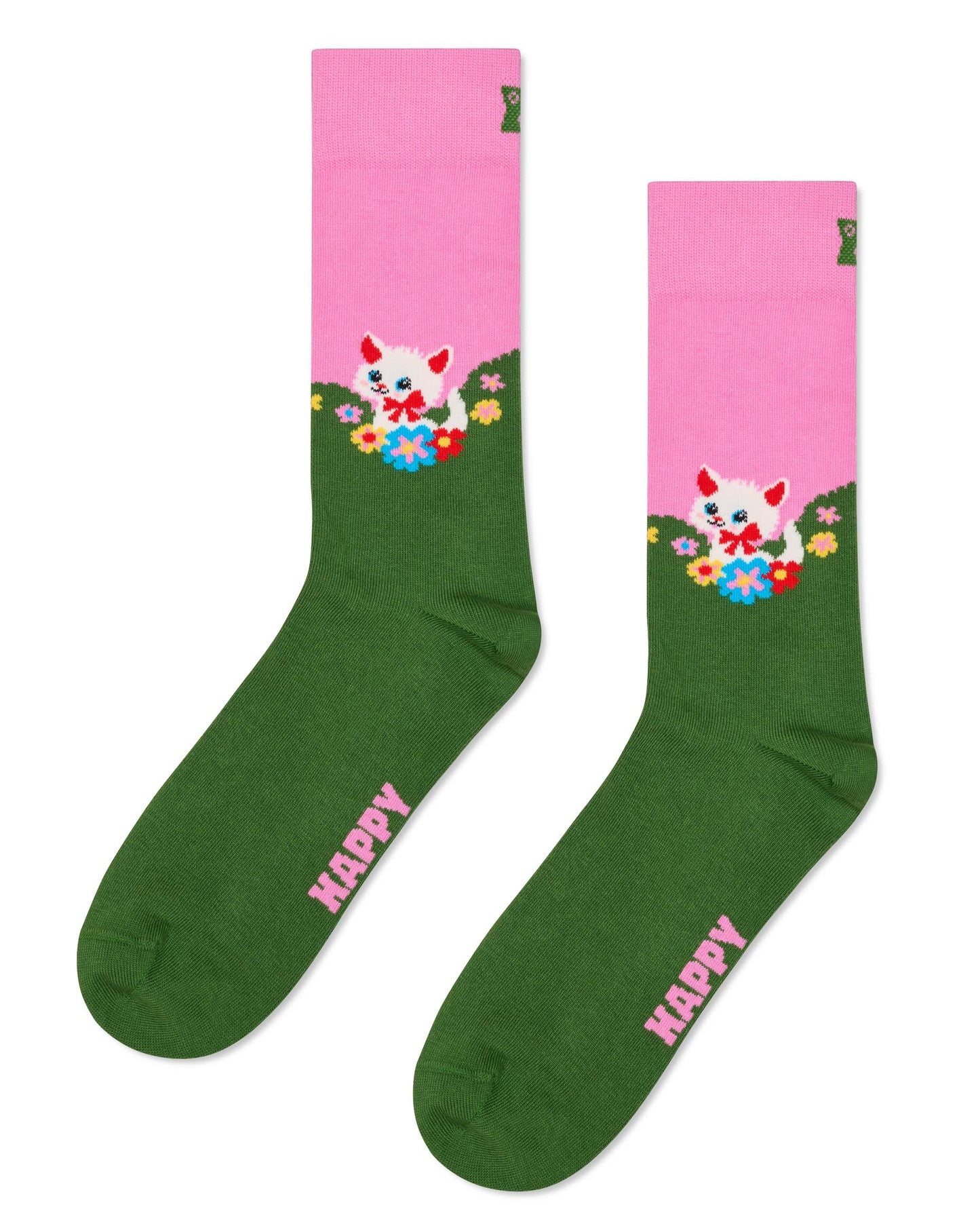 Green socks with pink tops featuring a cat design and the word 'Happy'.