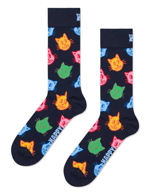 Happy Socks P003199 Cat Sock - Navy blue cotton mix crew length ankle socks with a multicoloured cartoon cat face pattern in pink, yellow, orange, blue and green.
