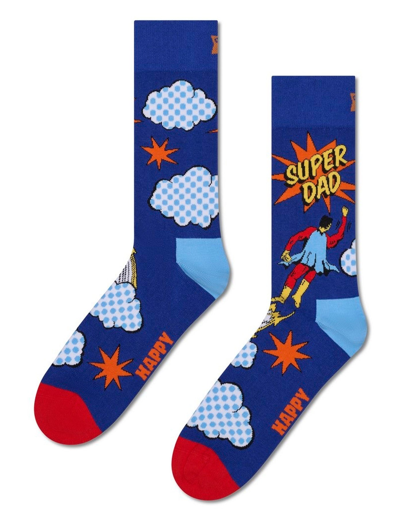 Dark blue cotton crew length socks with a comic book style design of a caped super hero, clouds and pow stars with "Super Dad", red toe and light blue heel.