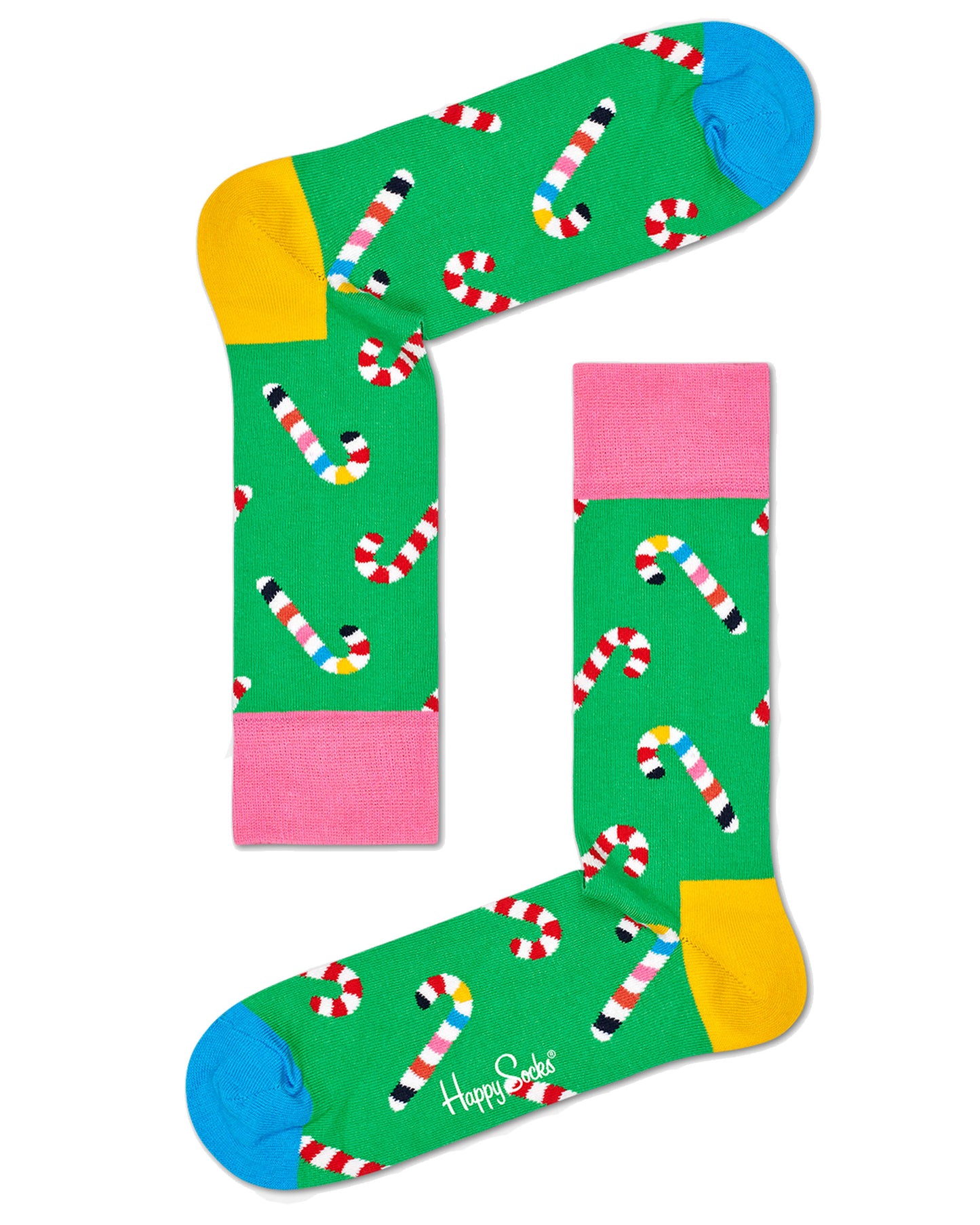 Happy Socks XCCA02-0100 Psychedelic Candy Cane Socks Gift Box - Green cotton socks with multicoloured candy cane pattern, pink cuff, yellow heel and blue toe.