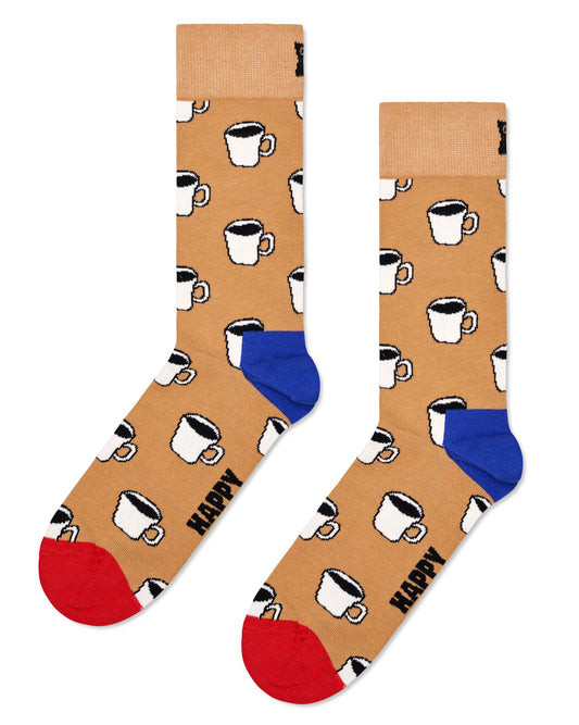 Happy Socks MCT01-8300 - Tan cotton crew length ankle socks with an all over cup of tea pattern in white and black, red toe and blue heel.