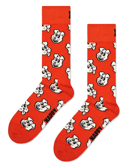 Happy Socks P000722 Doggo Sock - Bright orange red cotton crew length ankle socks with a cartoon dog face pattern in cream and black.