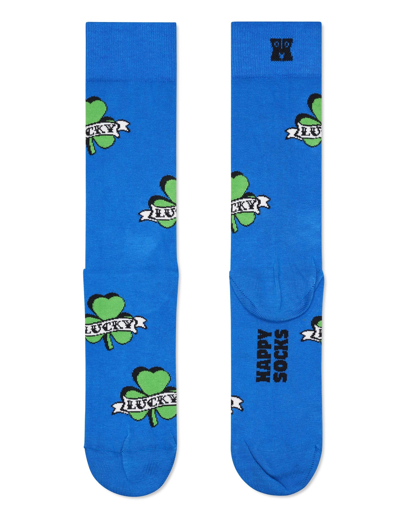 Happy Socks P002593 Three-Leaf Luck Sock - Royal blue crew length men's cotton ankle socks with a green lucky shamrock tattoo style motif pattern.