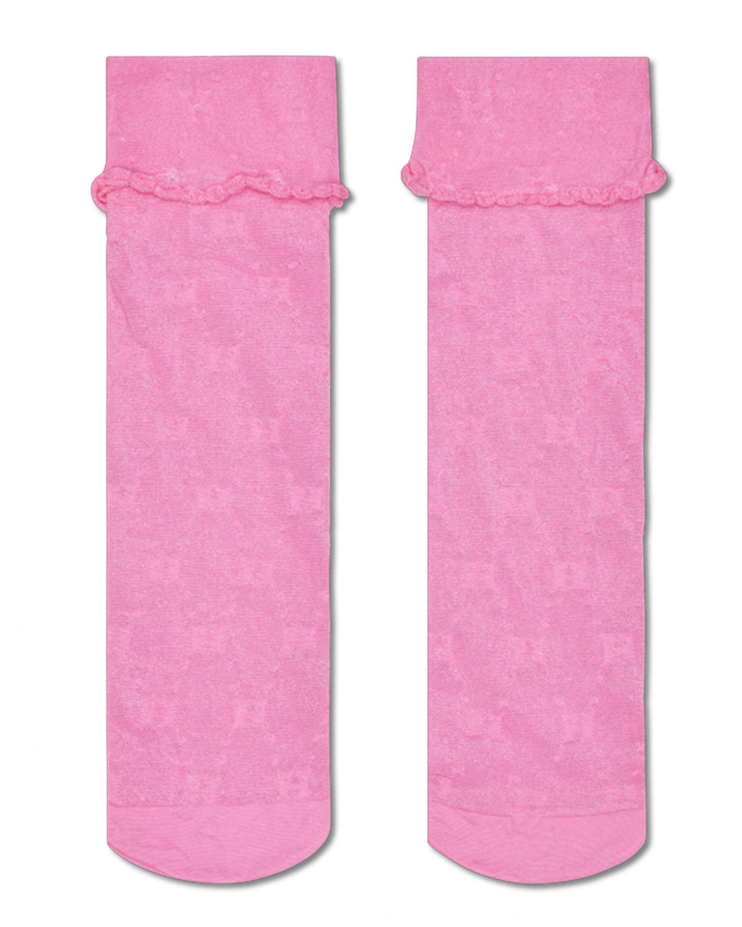 Pair of pink socks with ruffled top on a white background