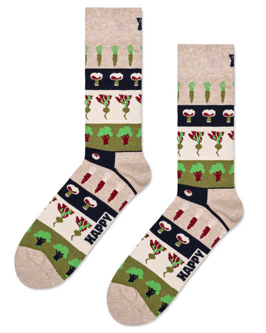 Happy Socks P000135 Veggie Sock - Beige oat coloured crew cotton socks with a stripe pattern of assorted vegetables including carrots, broccoli, mushrooms, turnips etc. in shades of green and wine.