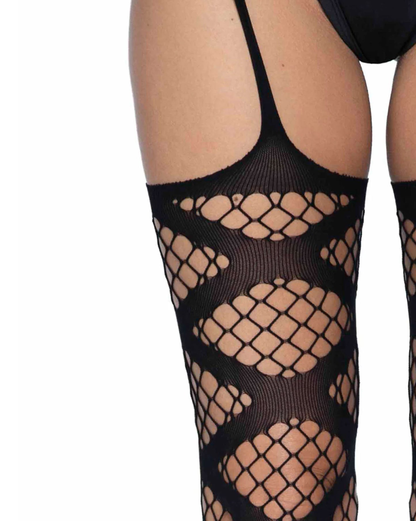 Leg Avenue Faux Wrap Net Stockings With Garter Belt - Black fishnet suspender tights with a wide diamond pattern/leg wrap style. Close up detail.