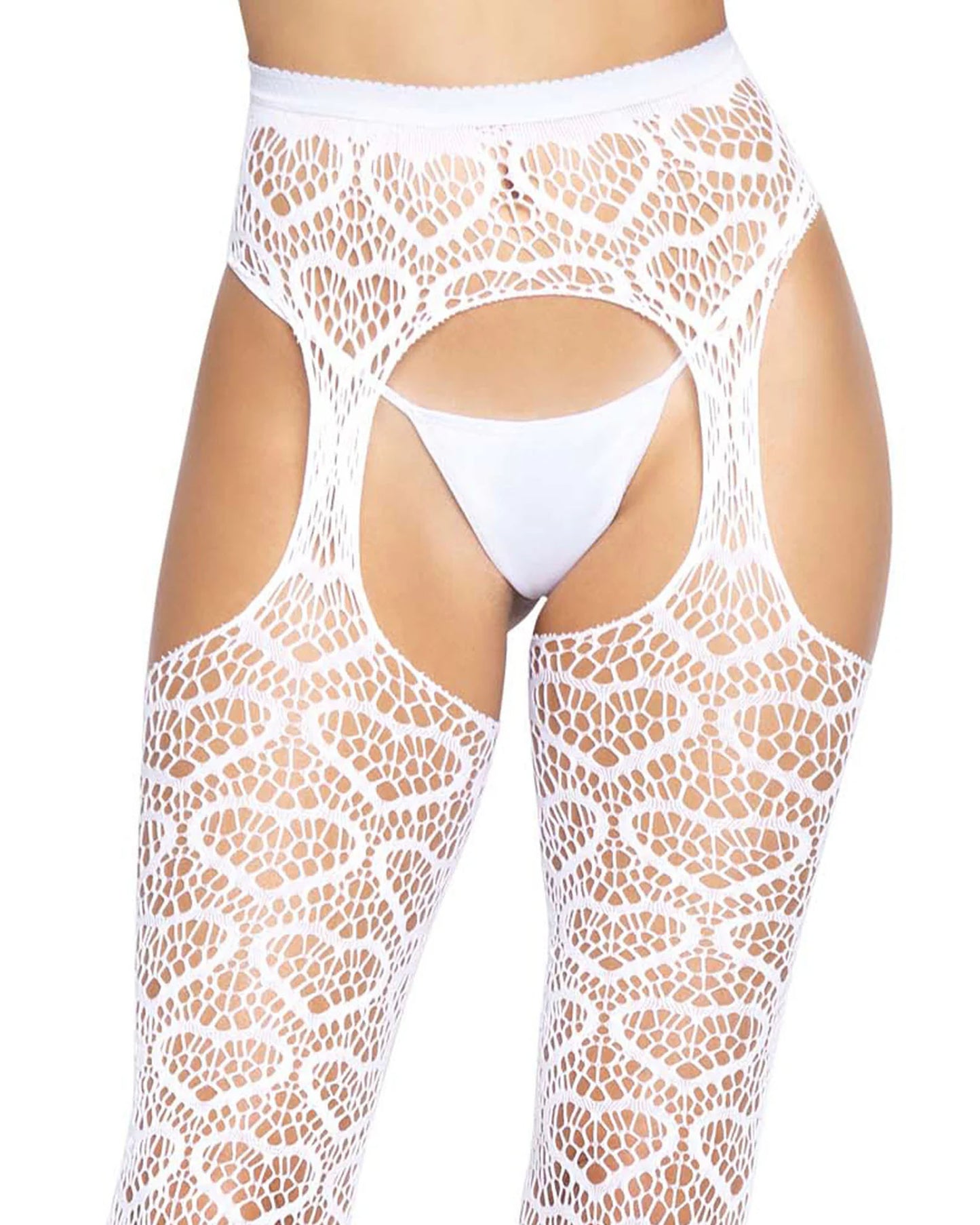 Leg Avenue Heart Lace Suspender Pantyhose - White openwork crochet heart pattern tights with cutout sides and crotch. Close up detail.