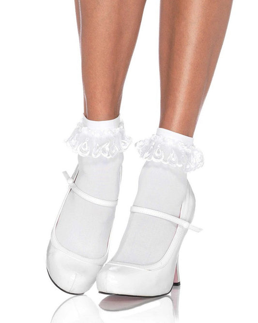 Leg Avenue 3013 Anklet With Lace Ruffle - White opaque fashion ankle socks with a frilly lace cuff.