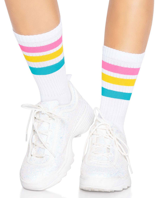 Leg Avenue 3014 Pride Crew Socks - White ankle socks with a pink, yellow and blue sports style stripe cuff. Worn with chunky white trainers.