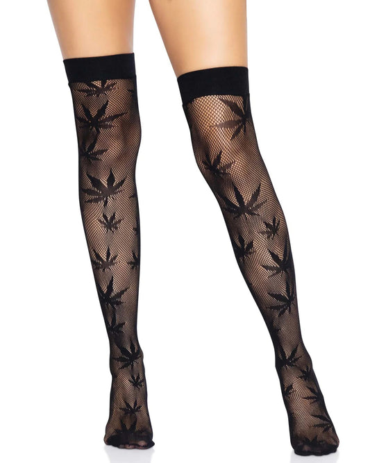Leg Avenue 420 Thigh Highs - Black micro fishnet thigh high socks with an all over hash leaf pattern and deep elasticated cuff, can be worn as a stocking with a suspender belt / leg garters.