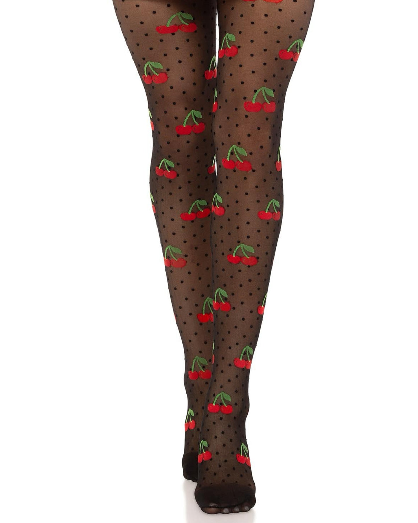Leg Avenue Polka Dot Cherry Tights - Sheer black fashion tights with a small black polka dot and red cherry with green leaves and stem pattern and reinforced toe.