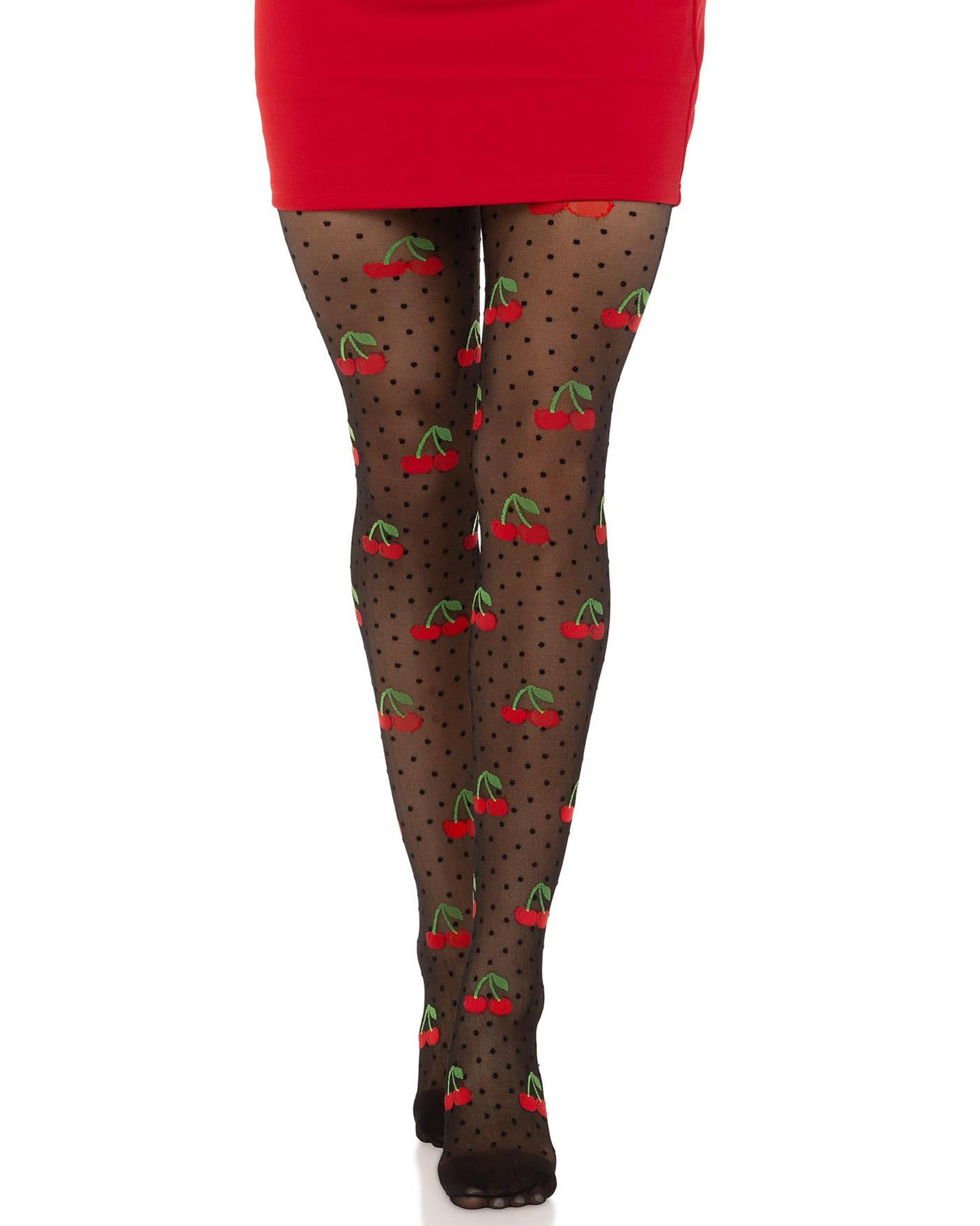 Leg Avenue Polka Dot Cherry Tights - Sheer black fashion tights with a small black polka dot and red cherry with green leaves and stem pattern. Worn with red mini skirt.