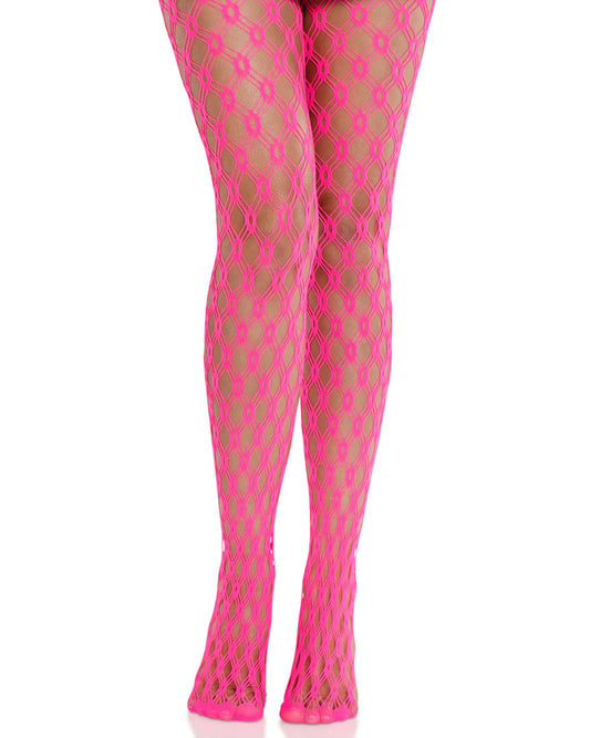 Leg Avenue 9241 Eyelet Net Tights - Bright neon pink coloured crochet style openwork fishnet tights with a diamond crochet style pattern and reinforced toes.