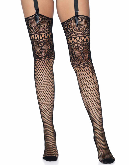 Leg Avenue 9901 Fishnet Backseam Stockings Wit Lace Top - Black openwork fishnet stockings with a deep crochet lace style top and back-seam.