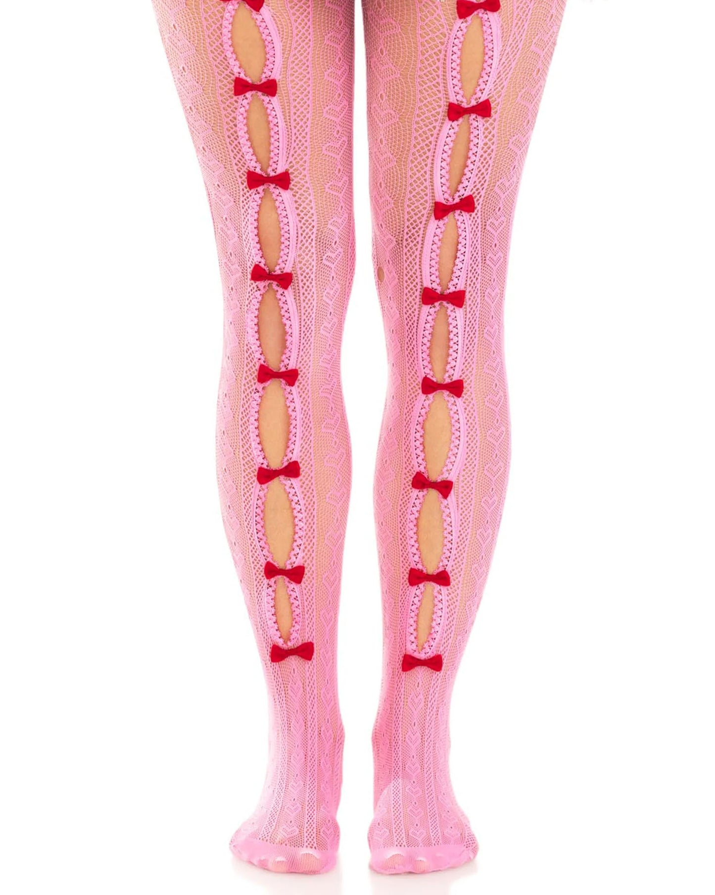 Leg Avenue Sweetheart Striped Net Pantyhose - Light pink openwork fishnet lace tights with a vertical stripe and heart pattern and open seam down the front of the leg held together with red little bows.