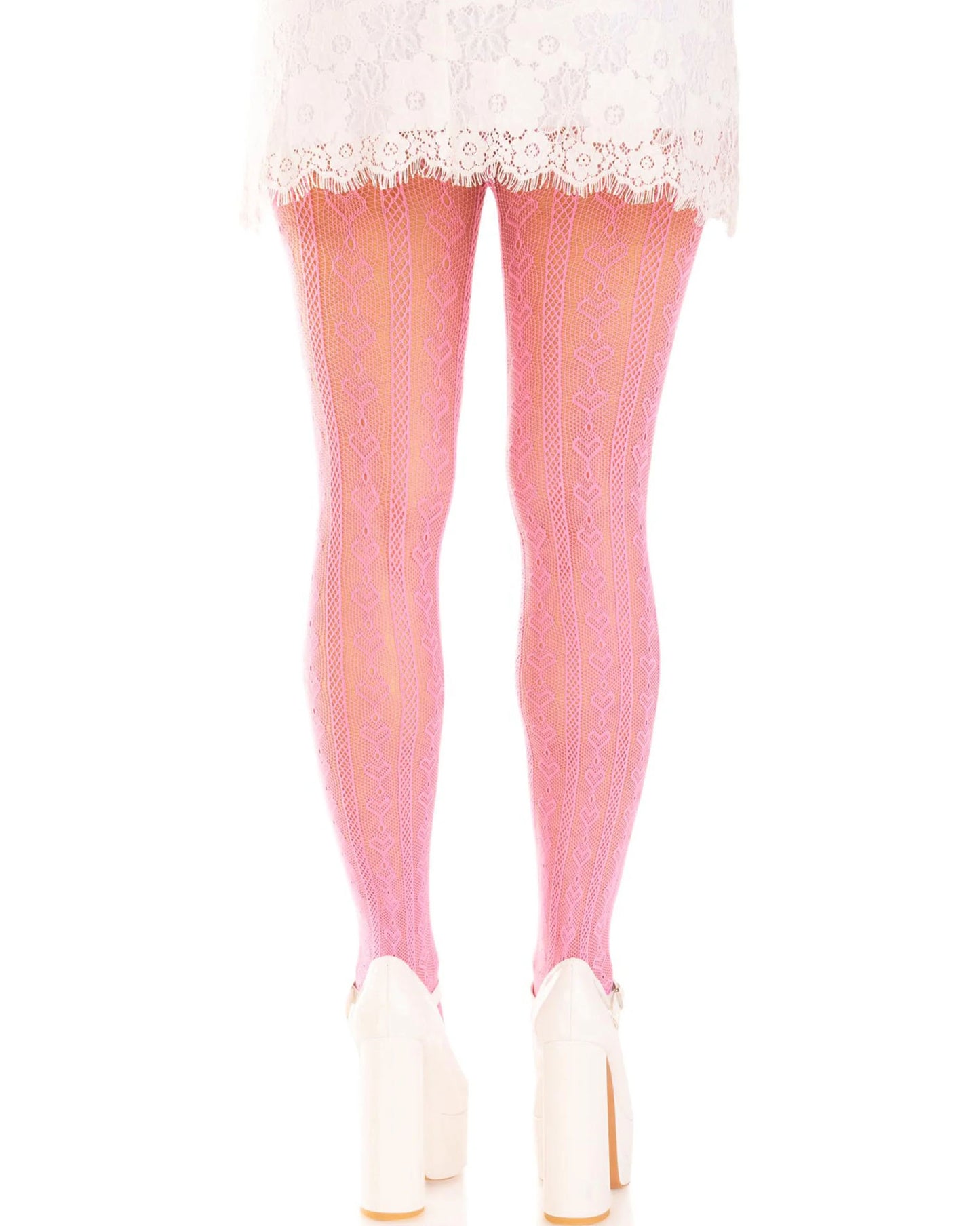 Leg Avenue Sweetheart Striped Net Pantyhose - Light pink openwork fishnet lace tights with a vertical stripe and heart pattern, back view.