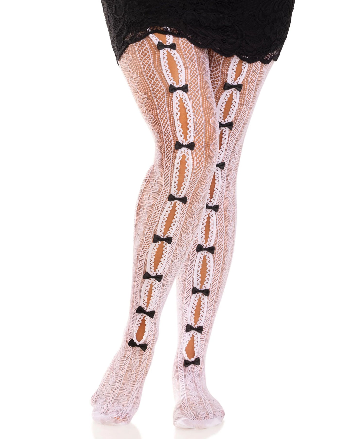 Leg Avenue Sweetheart Striped Net Pantyhose - White openwork fishnet lace tights with a vertical stripe and heart pattern and open seam down the front of the leg held together with black little bows.