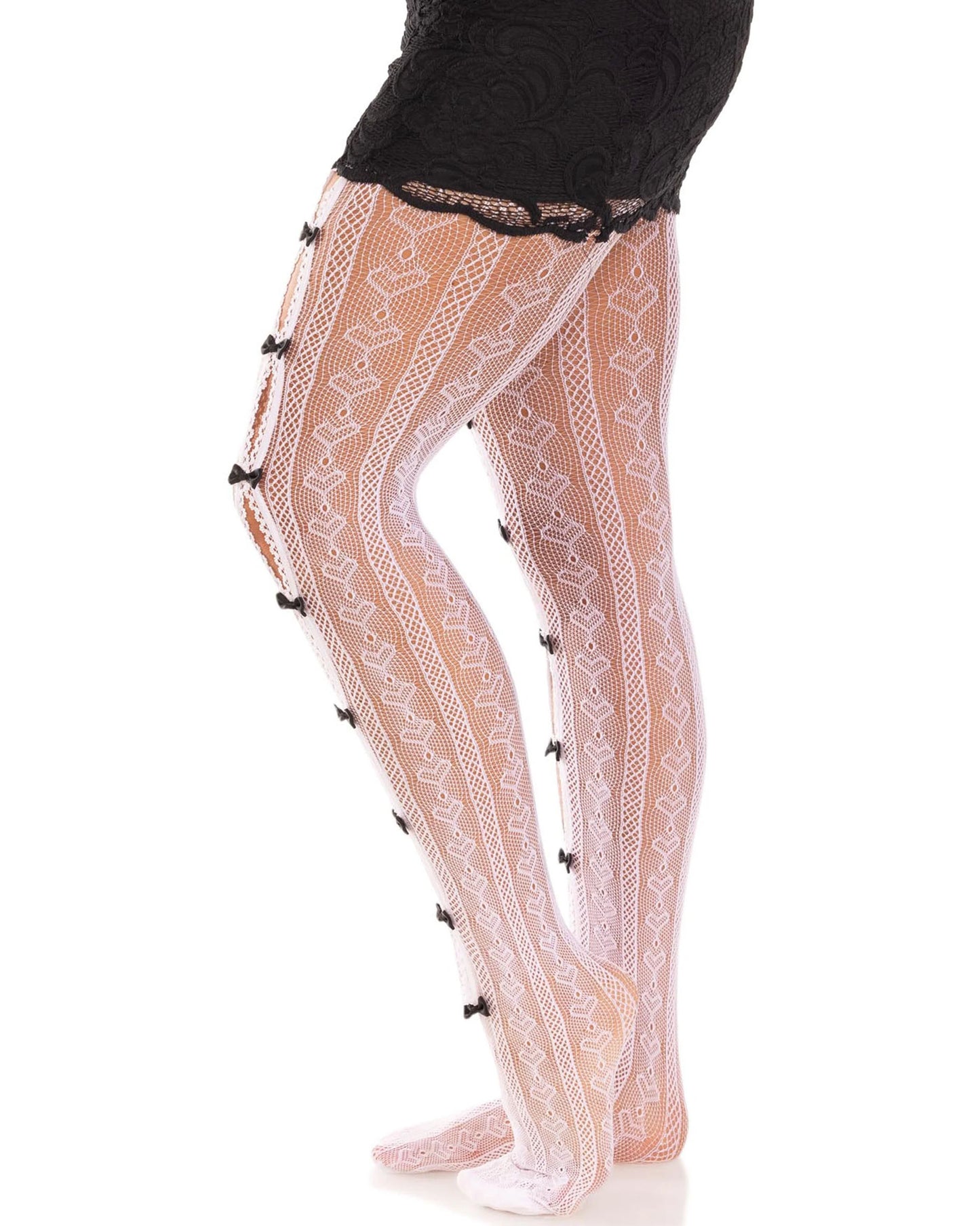 Leg Avenue Sweetheart Striped Net Pantyhose - White openwork fishnet lace tights with a vertical stripe and heart pattern and open seam down the front of the leg held together with black little bows. Side view.