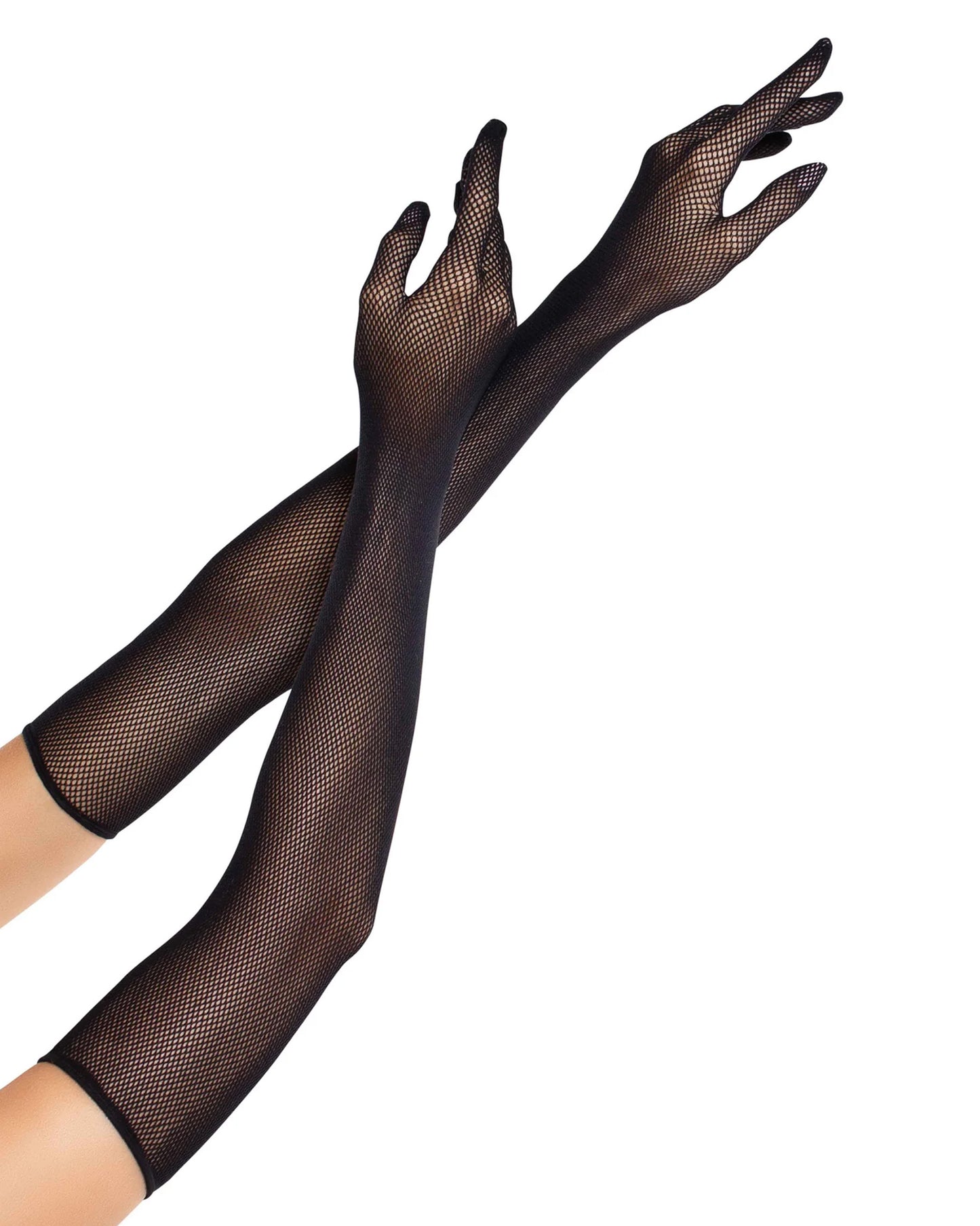 Black extra long micro fishnet opera length gloves.