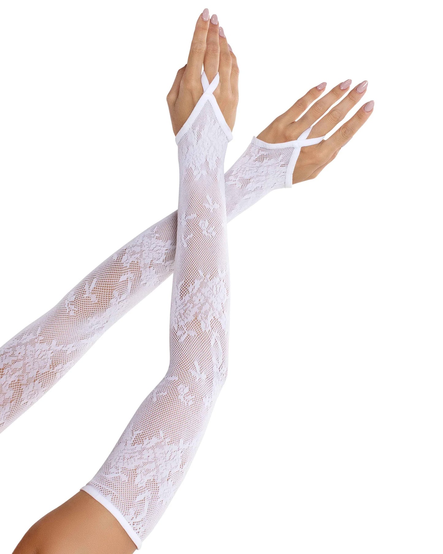White extra long floral fishnet lace arm warmers with a loop for the middle fingers.
