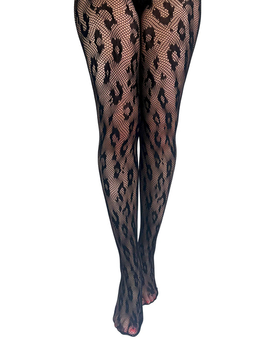 Leg Avenue Leopard Net Tights - Black openwork fishnet seamless tights with a leopard print style pattern. Front view.