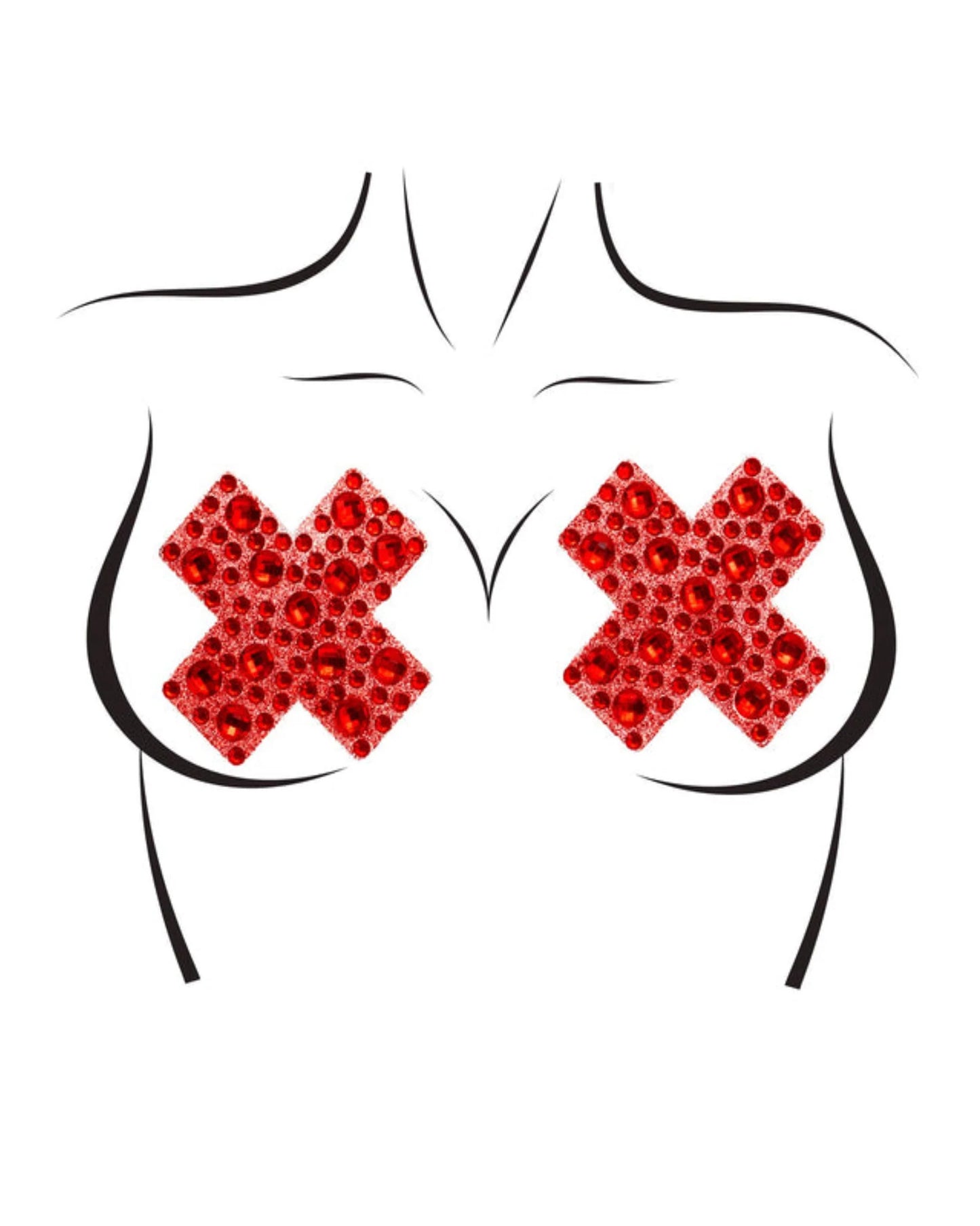 Leg Avenue X-Factor Nipple Covers - Red X shaped adhesive nipple covers/pasties with sparkly rhinestones.