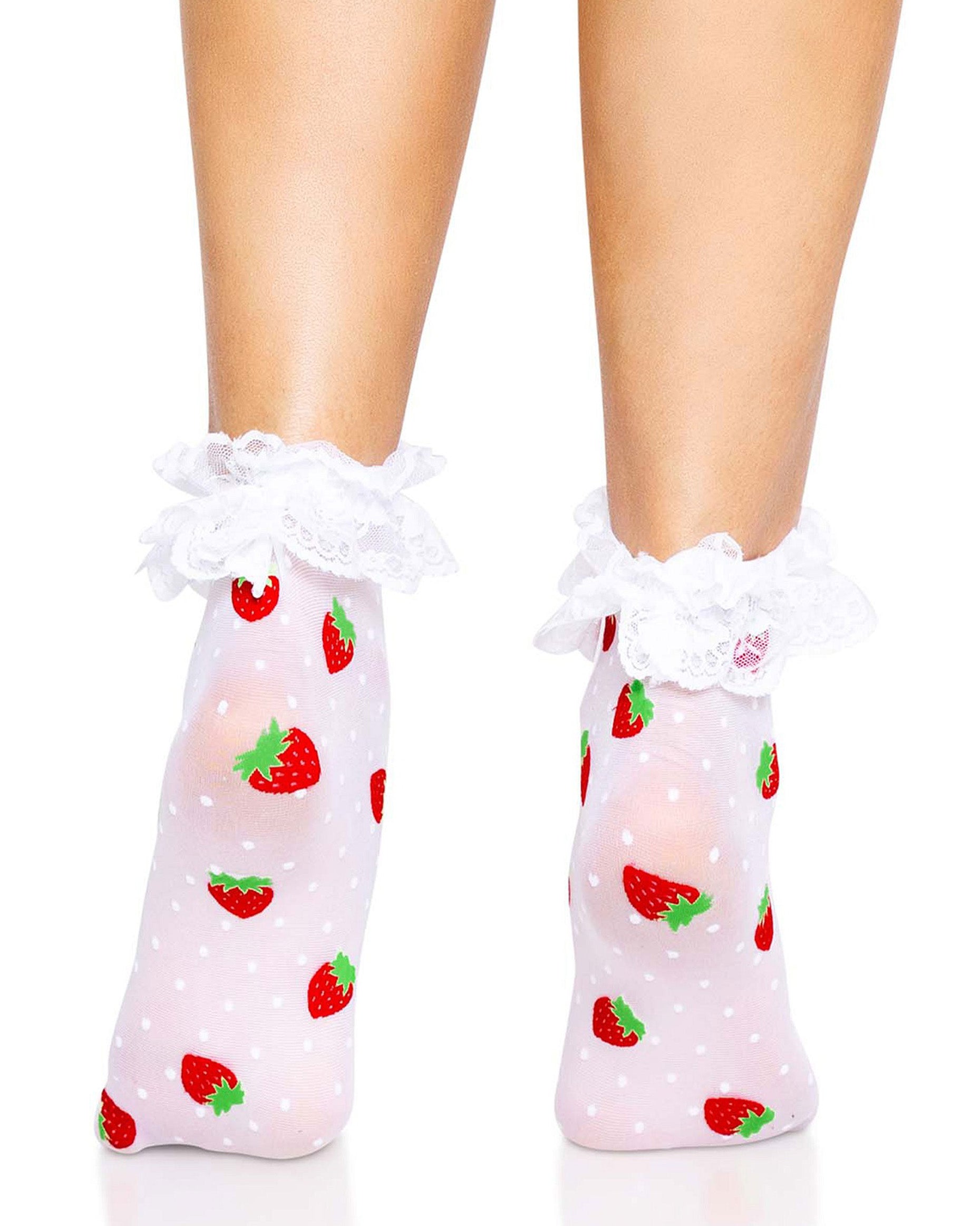 Leg Avenue Strawberry Ruffle Frilly Socks - Sheer white fashion ankle socks with a red strawberry and white polka dot pattern and white frilly lace cuff. Back view.