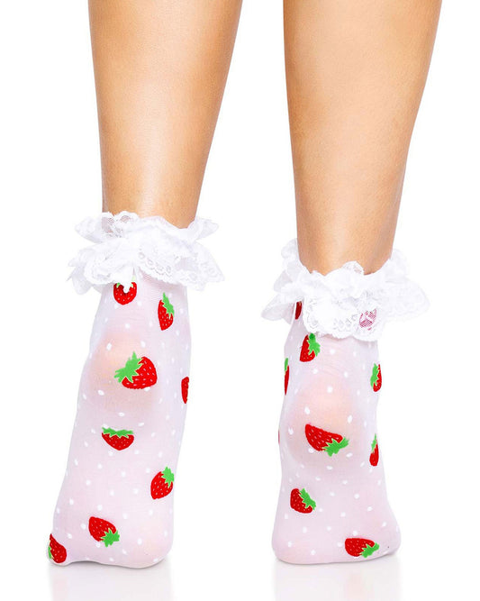 Leg Avenue Strawberry Ruffle Frilly Socks - Sheer white fashion ankle socks with a red strawberry and white polka dot pattern and white frilly lace cuff. Back view.