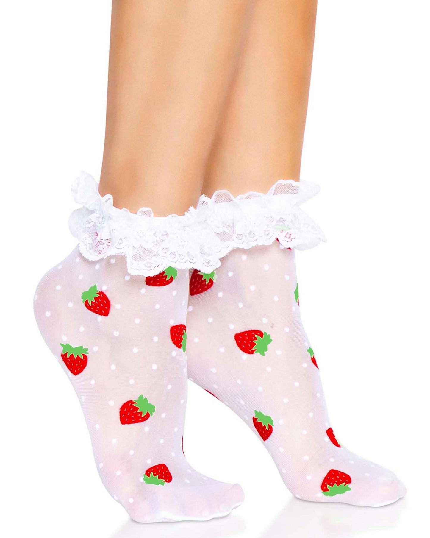 Leg Avenue Strawberry Ruffle Frilly Socks - Sheer white fashion ankle socks with a red strawberry and white polka dot pattern and white frilly lace cuff. Side view.