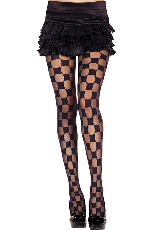 Music Legs 7014 Checker Tights - Sheer and opaque black checkerboard style patterned tights.
