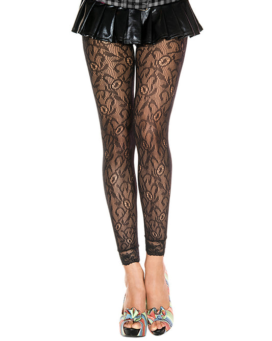 Music Legs Lace Seamless Footless Tights - Black openwork floral fishnet style footless tights with a real lace cuff.