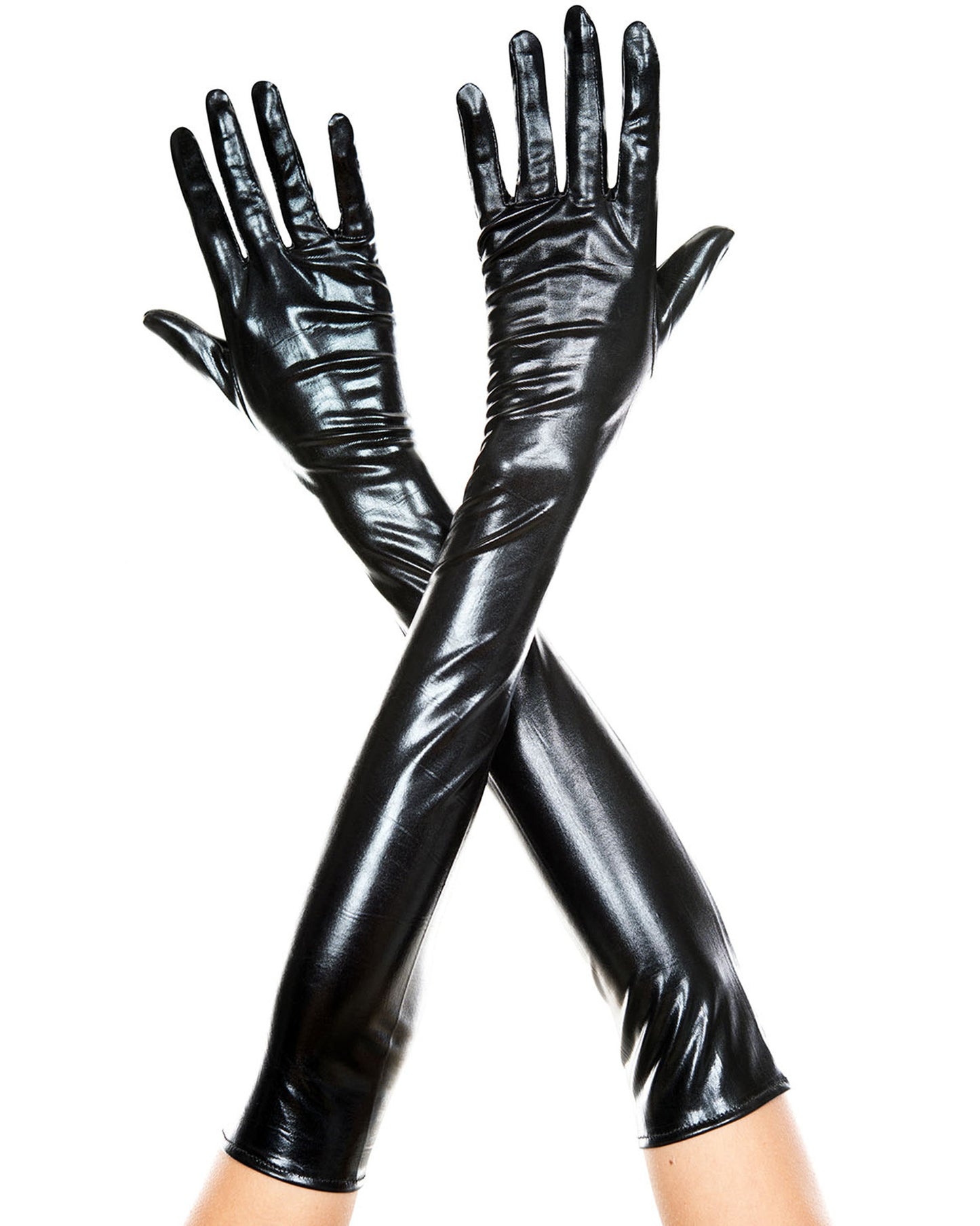 Music Legs Shiny Metallic Gloves - Long black shiny faux leather opera length gloves.
