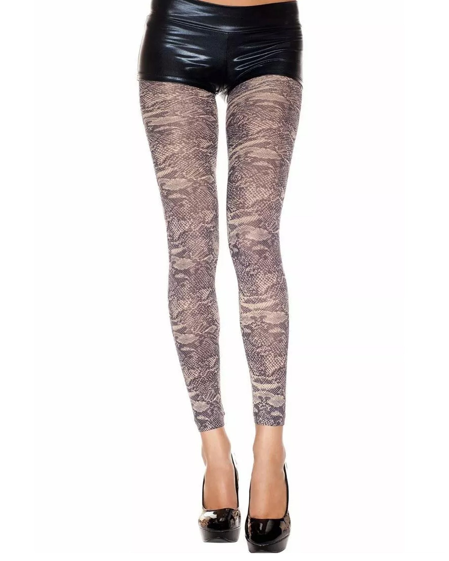 Music Legs Python Print Leggings - Snake skin printed footless tights in beige and black, worn with black shiny hot pants and black stilettos.