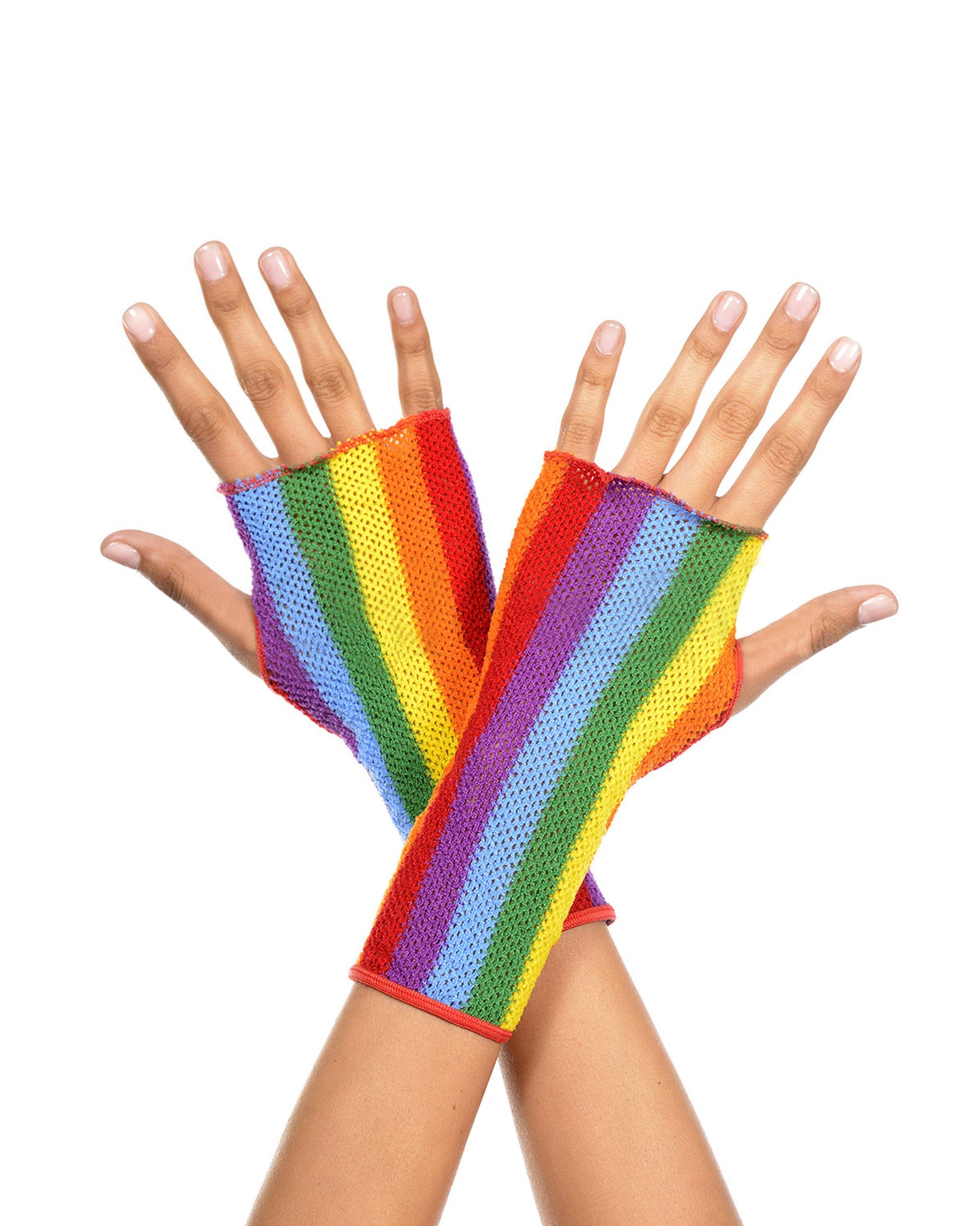 Music Legs Rainbow Net Gloves - Fine fishnet sleeveless glove sleeves with multicoloured rainbow stripes, perfect for festivals and pride.