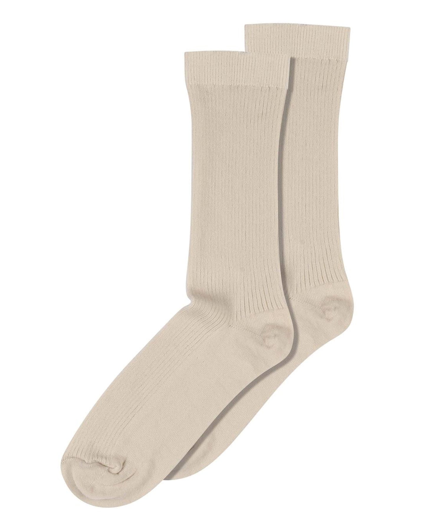 MP Denmark Fine Cotton Rib Sock - Soft and light beige ribbed cotton crew length ankle socks with plain cuff, plain sole, shaped heel and flat toe seam.