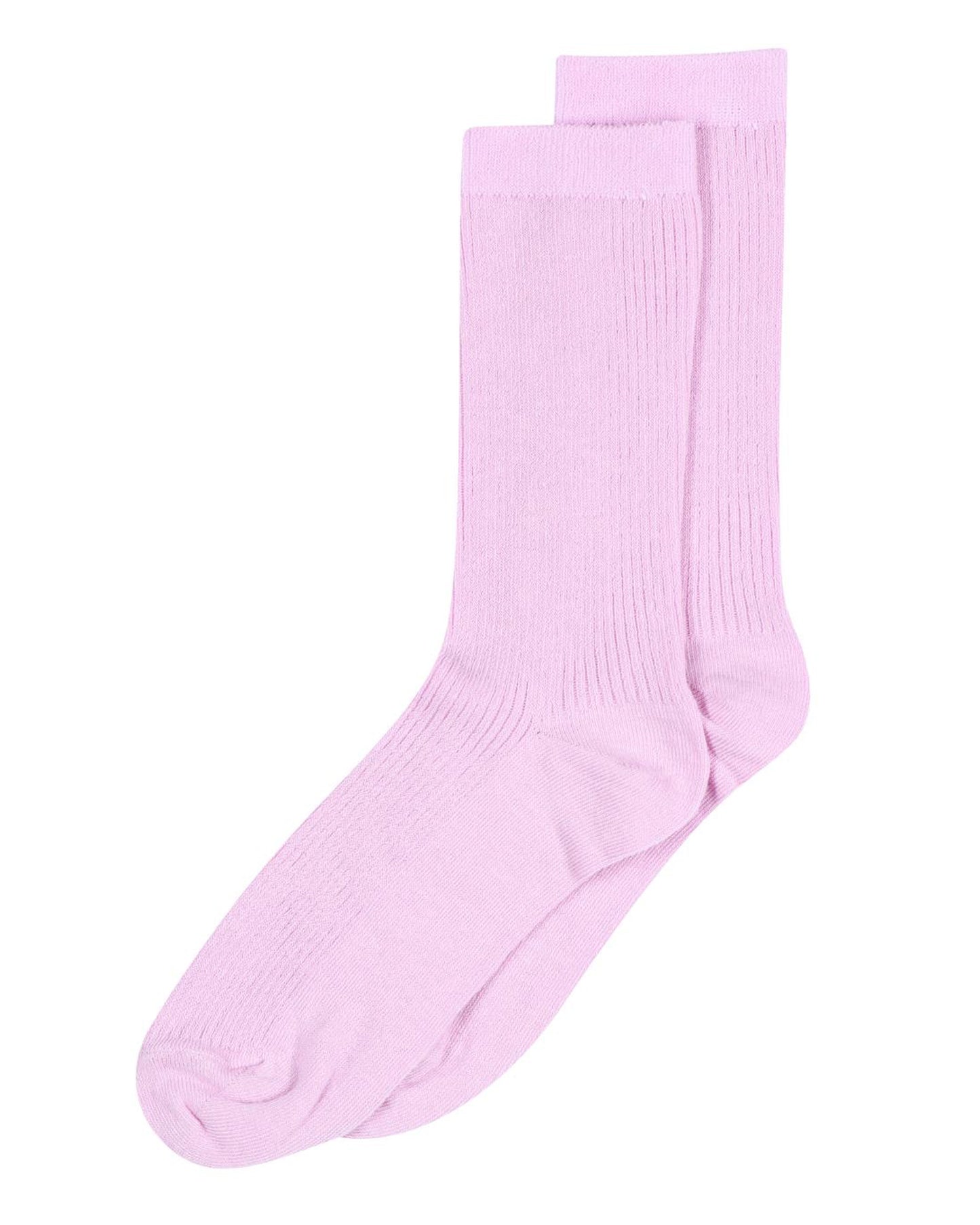 MP Denmark Fine Cotton Rib Sock - Soft and light candy pastel pink ribbed cotton crew length ankle socks with plain cuff, plain sole, shaped heel and flat toe seam.