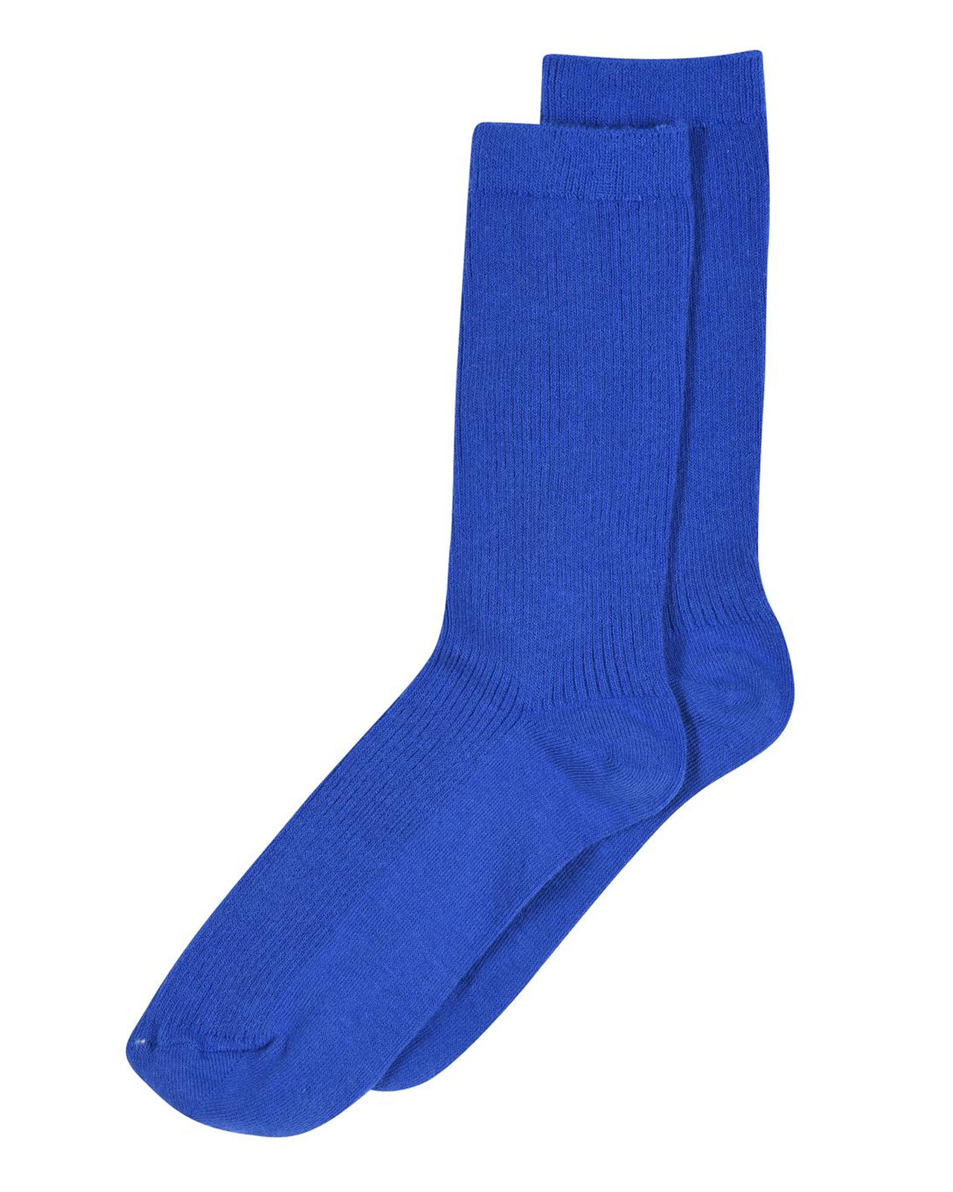 MP Fine Cotton Rib Sock - Soft and light royal blue ribbed cotton crew length ankle socks with plain cuff, plain sole, shaped heel and flat toe seam.