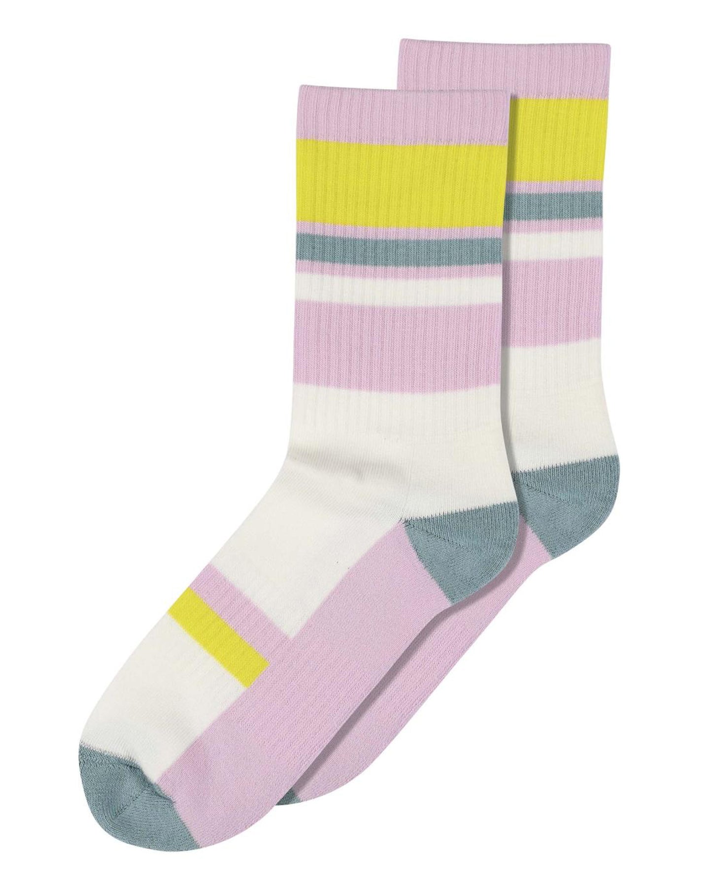 MP Denmark 79694 Sofi Socks - Lilac ribbed crew length ribbed socks with contrast coloured striped panels in lime green, cream and sage green with a sage green toe and heel.