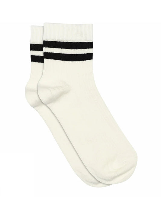 MP Denmark Aida Sock - Soft off white light ribbed quarter high ankle socks with a black double sports style stripe cuff.